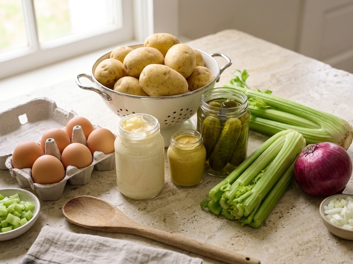 All the ingredients for Southern potato salad arranged on a light kitchen counter, including potatoes, eggs, mayonnaise, mustard, pickles, celery, and onion