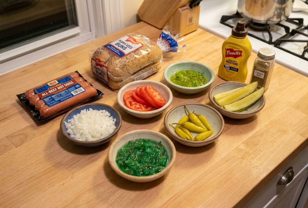 All the ingredients for a Chicago dog laid out on a kitchen counter including all-beef hot dogs, poppy seed buns, mustard, relish, onions, tomatoes, dill pickles, sport peppers, and celery salt