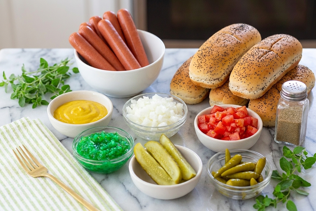All the ingredients for a Chicago hot dog arranged on a clean kitchen counter: all-beef hot dogs, poppy seed buns, mustard, sweet green relish, chopped onion, tomatoes, dill pickle spears, sport peppers, and celery salt