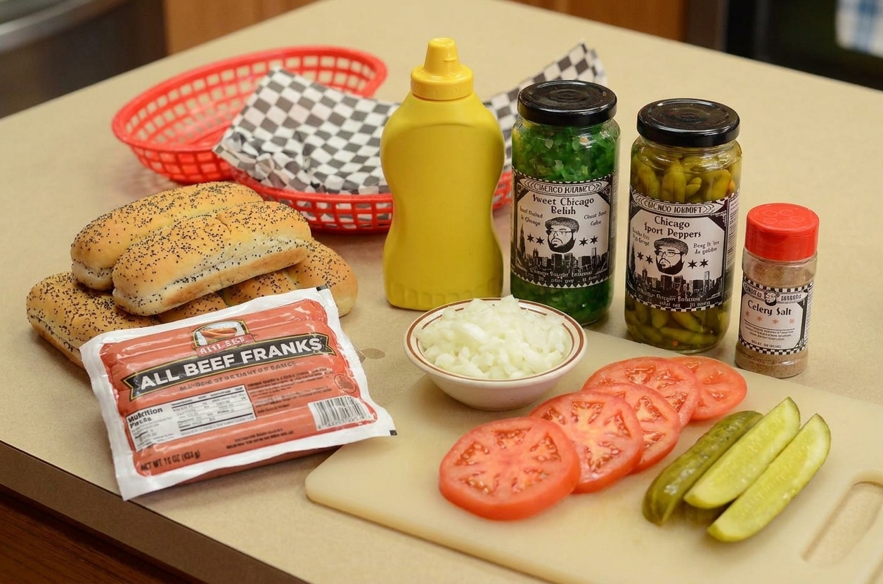 All the ingredients for a Chicago hot dog arranged on a kitchen counter, including all-beef franks, poppy seed buns, yellow mustard, bright green relish, chopped onions, tomato, dill pickle spears, sport peppers, and celery salt