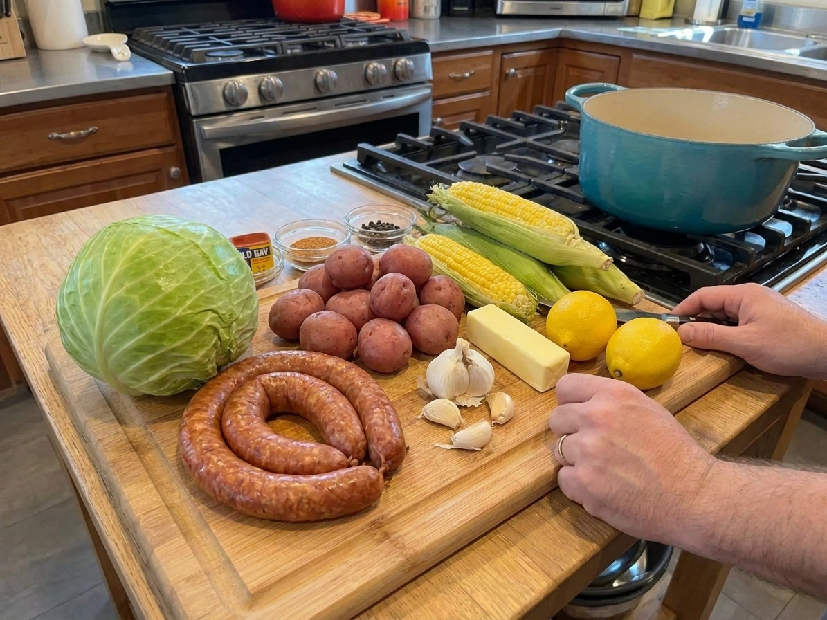 All the ingredients for a cabbage boil laid out on a light kitchen counter: green cabbage, smoked sausage, red potatoes, corn, butter, garlic, lemons, and seasonings