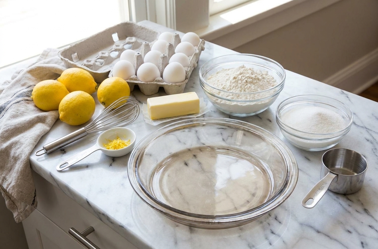 All the ingredients for a lemon tart arranged on a light kitchen counter, including lemons, eggs, butter, flour, sugar, and a tart pan