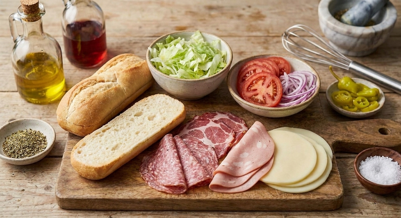 All the ingredients for an Italian sub arranged on a kitchen counter, including sub rolls, deli meats, provolone, shredded lettuce, tomatoes, red onion, pepperoncini, olive oil, red wine vinegar, oregano, and salt