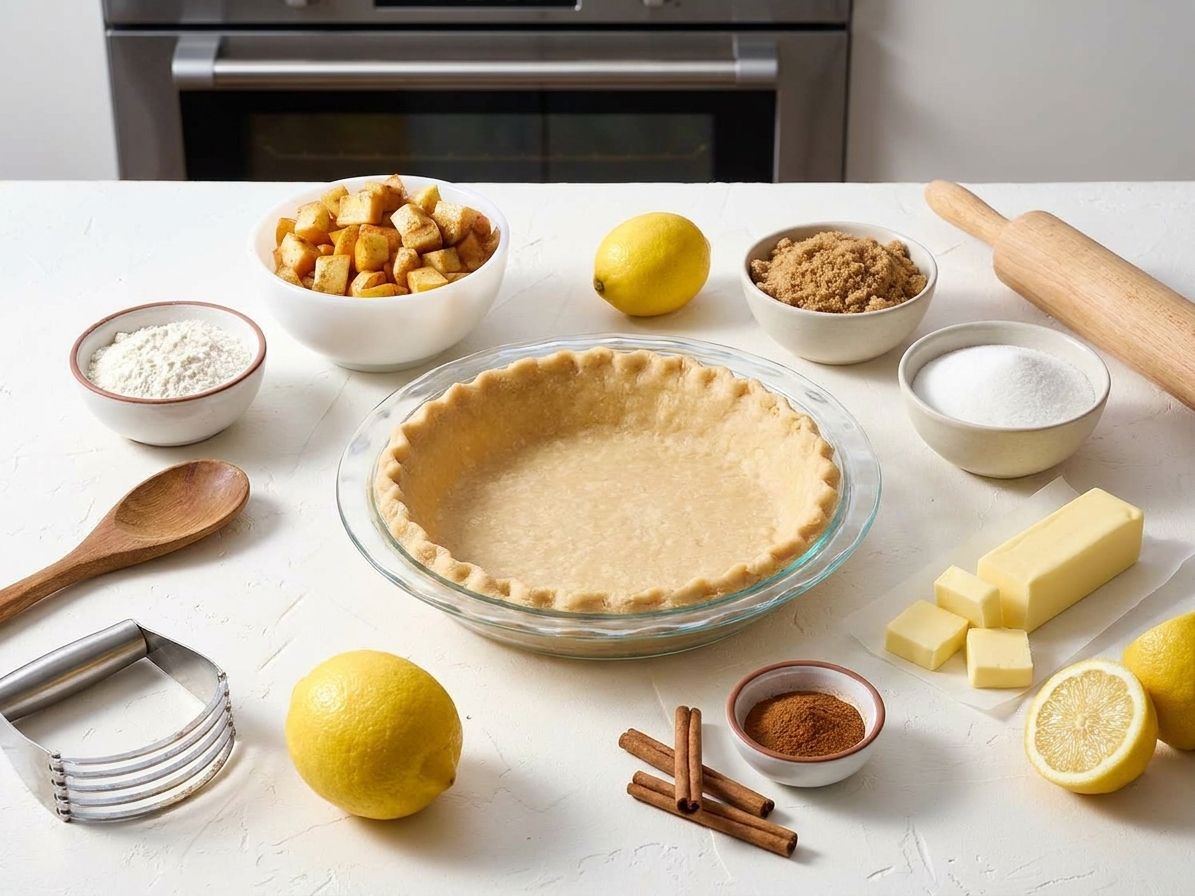 All the ingredients for apple crumb pie arranged on a kitchen counter, including apples, flour, sugar, butter, cinnamon, lemons, and a pie crust in a dish
