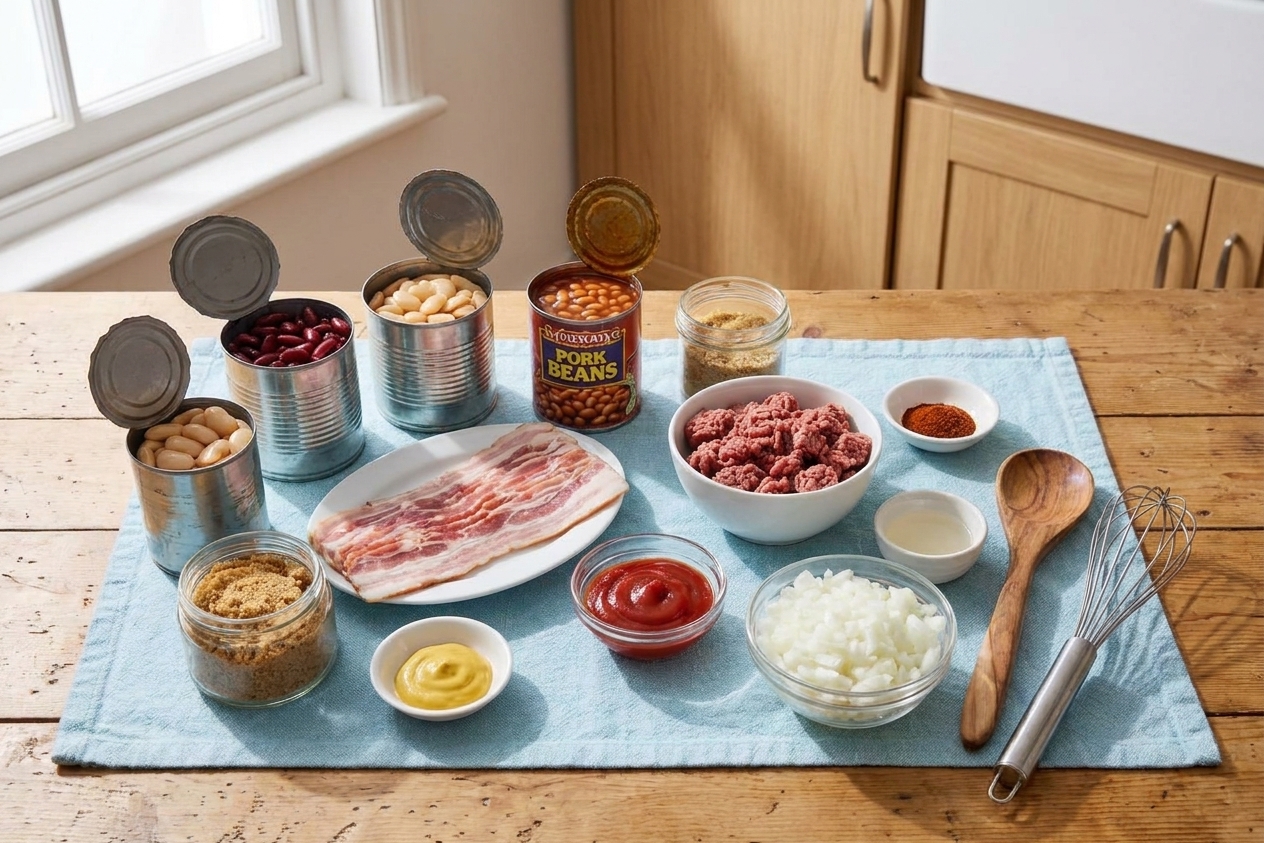 All the ingredients for calico beans arranged on a light kitchen counter, including canned beans, bacon, onion, ketchup, brown sugar, mustard, vinegar, and ground beef