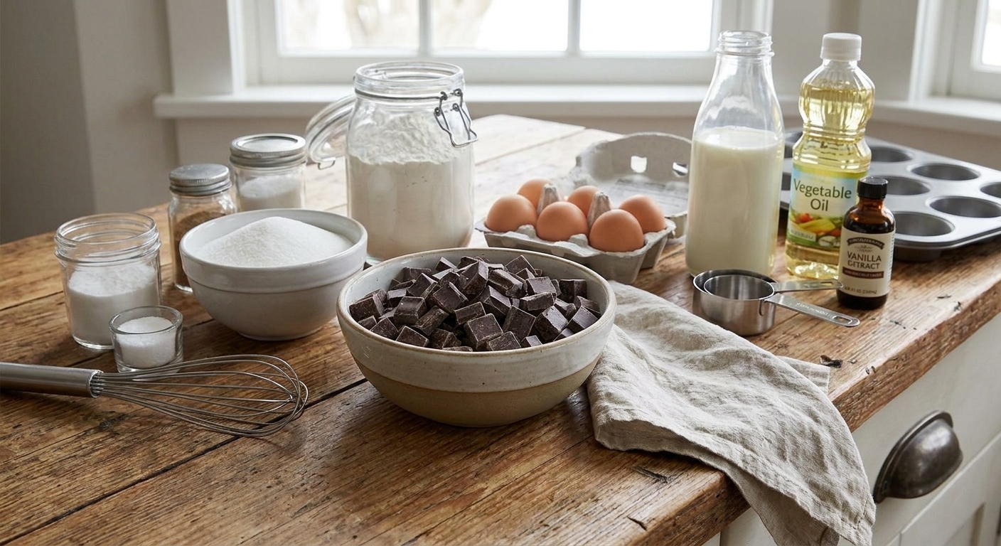 All the ingredients for chocolate chunk muffins arranged on a kitchen counter, including flour, sugar, eggs, milk, oil, vanilla, and a bowl of chopped chocolate
