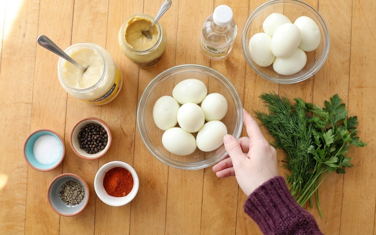 All the ingredients for deviled eggs on a clean kitchen counter, including hard-boiled eggs, mayonnaise, Dijon mustard, vinegar, salt, pepper, paprika, and fresh herbs