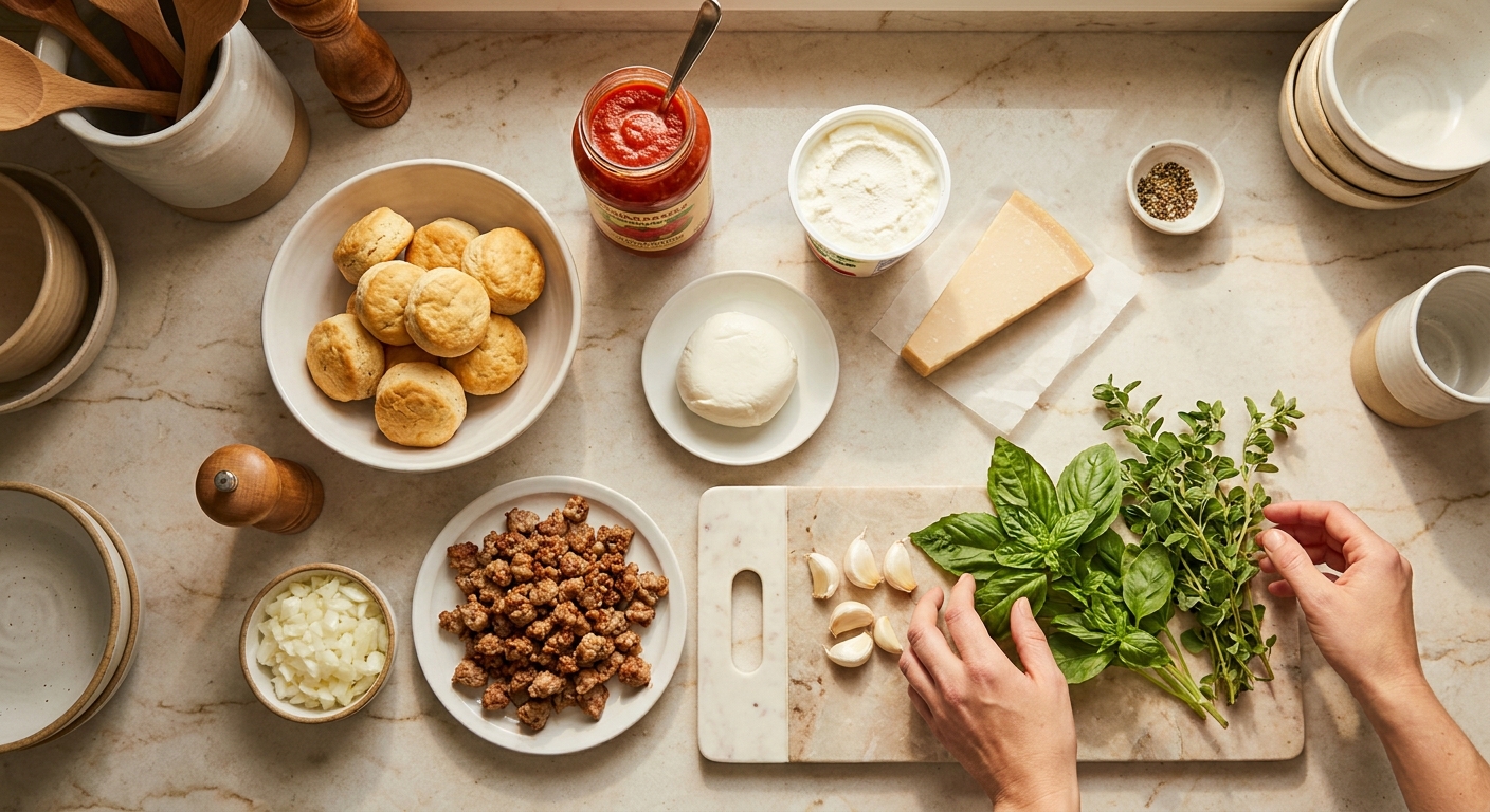 All the ingredients for dumpling lasagna arranged on a bright kitchen counter including biscuit dough, marinara, ricotta, mozzarella, parmesan, ground sausage, onion, garlic, and herbs