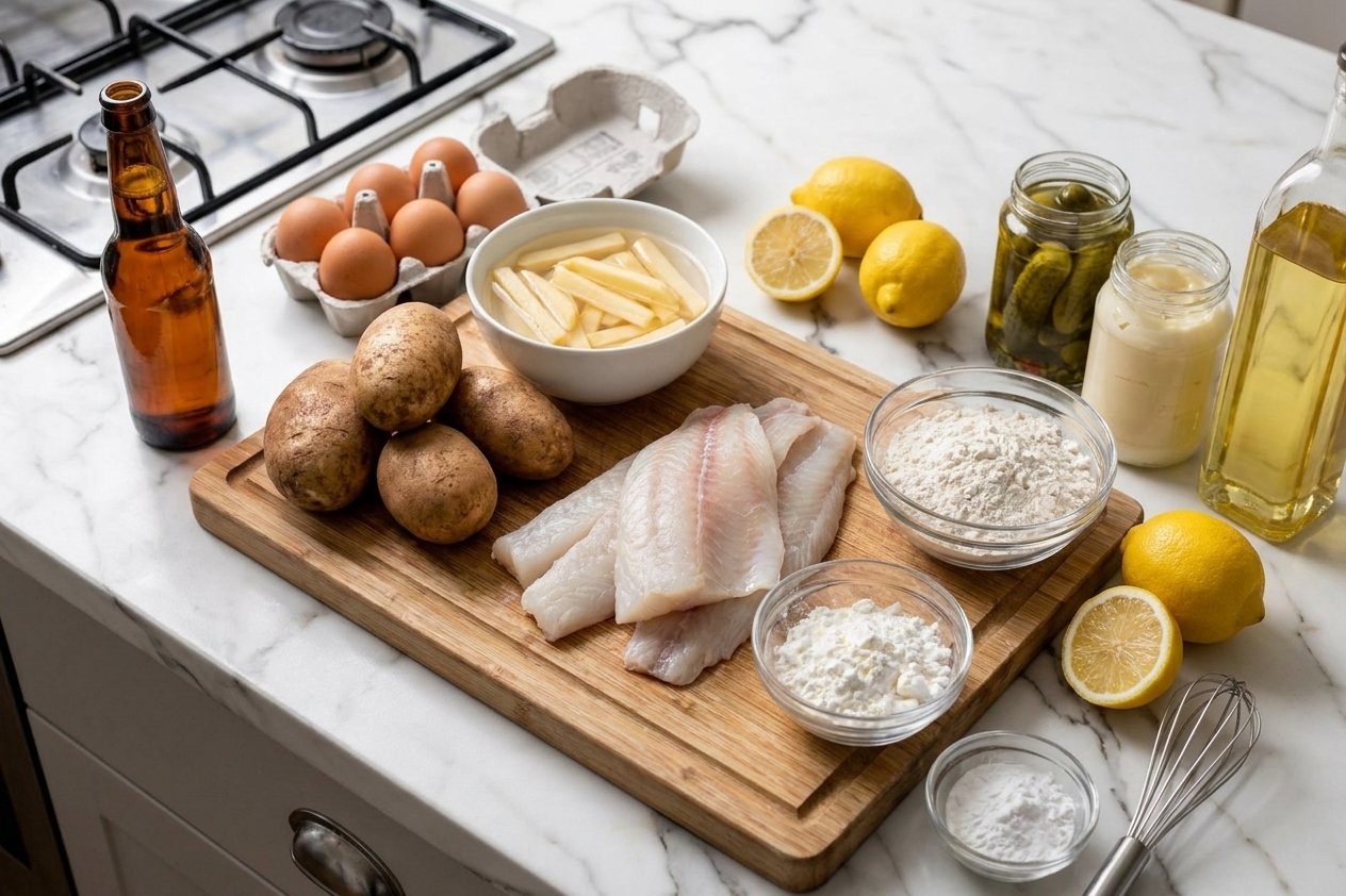 All the ingredients for fish and chips laid out on a kitchen counter: white fish fillets, potatoes, flour, cornstarch, baking powder, beer, eggs, lemons, pickles, mayo, and oil