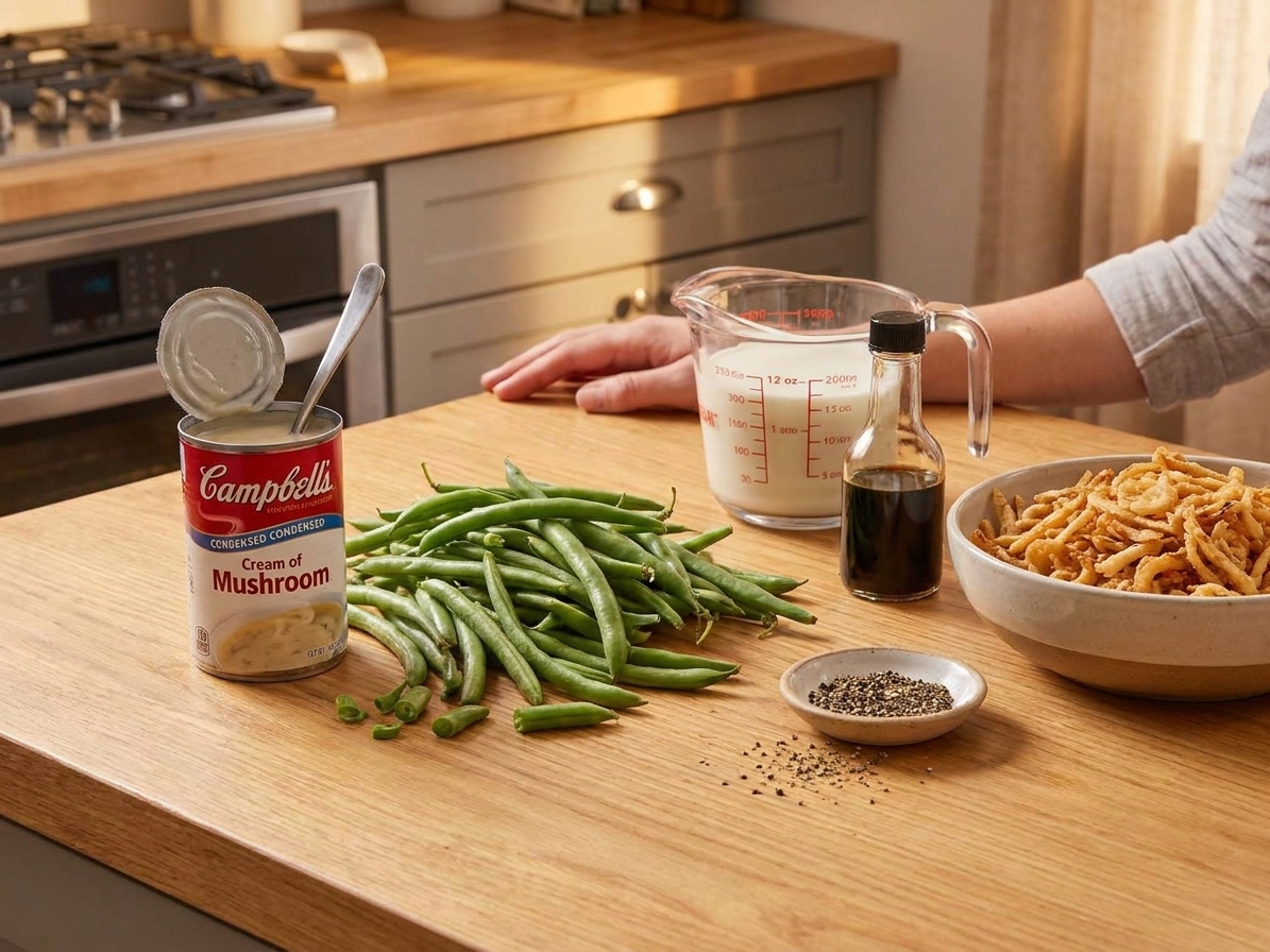 All the ingredients for green bean casserole on a clean kitchen counter, including green beans, condensed cream of mushroom soup, milk, soy sauce, black pepper, and crispy fried onions