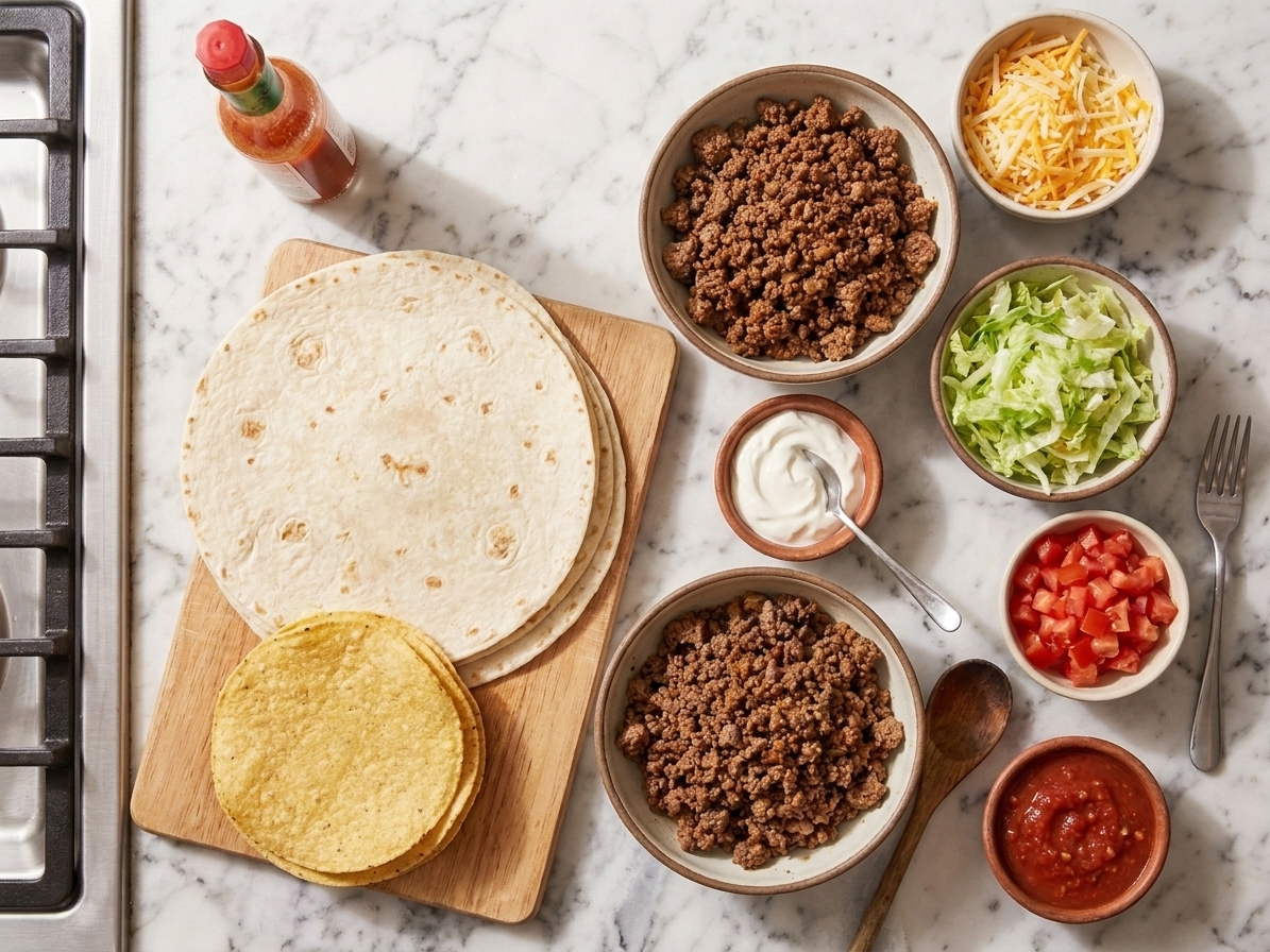 All the ingredients for homemade crunchwraps laid out on a bright kitchen counter, including tortillas, ground beef, shredded cheese, lettuce, tomatoes, sour cream, and salsa