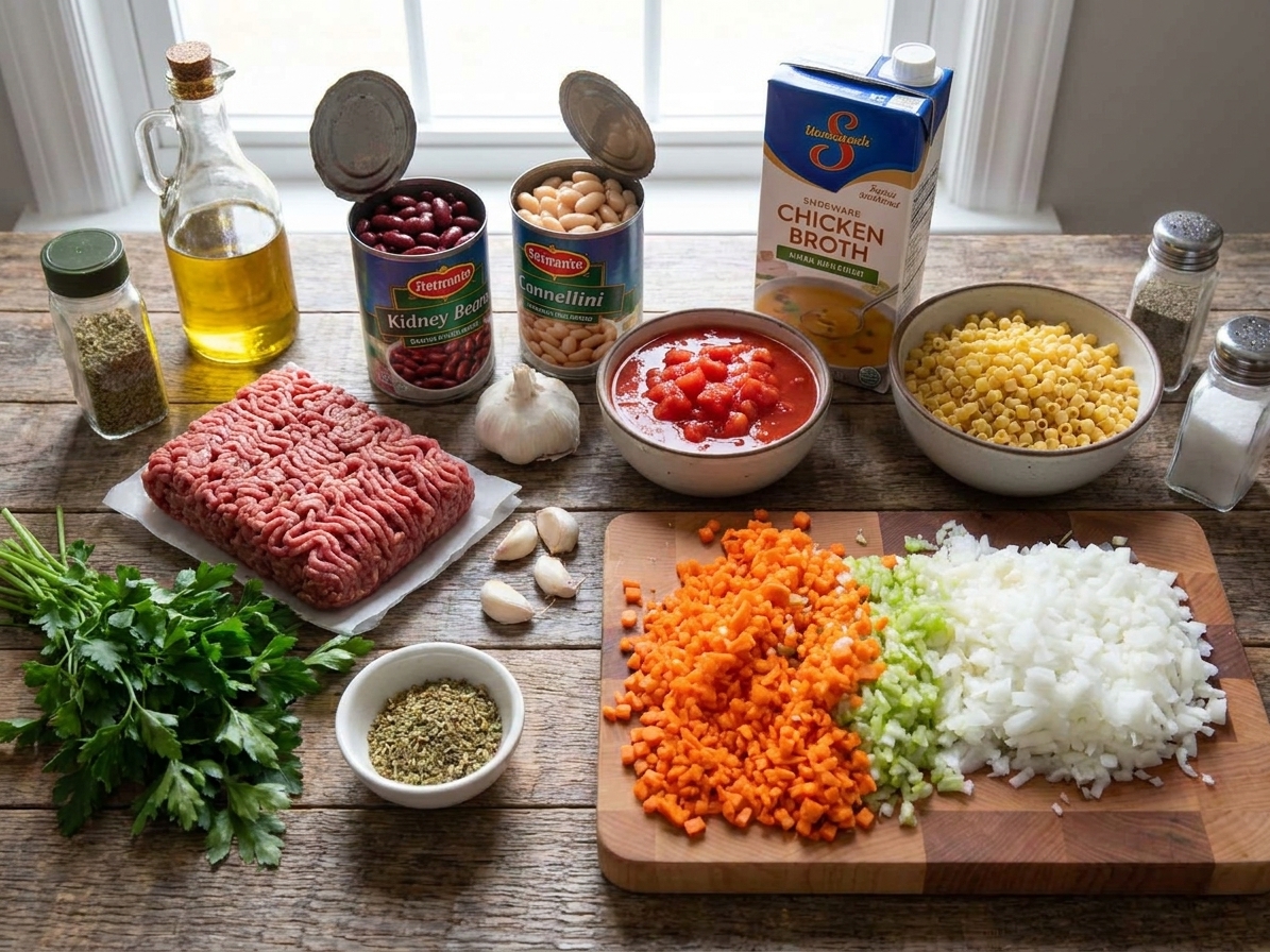 All the ingredients for pasta e fagioli arranged on a kitchen counter, including ground beef, canned beans, diced tomatoes, broth, vegetables, and small pasta