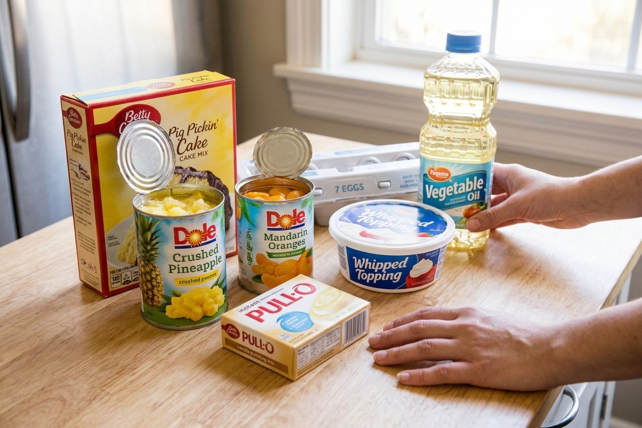All the ingredients for pig pickin cake arranged on a kitchen counter, including yellow cake mix, canned crushed pineapple, mandarin oranges, instant vanilla pudding mix, whipped topping, eggs, and oil