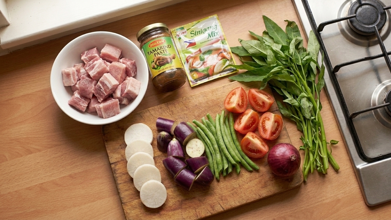 All the ingredients for pork sinigang arranged on a kitchen counter: pork shoulder pieces, tamarind paste or sinigang mix, onion, tomatoes, daikon radish, eggplant, long beans, and leafy greens
