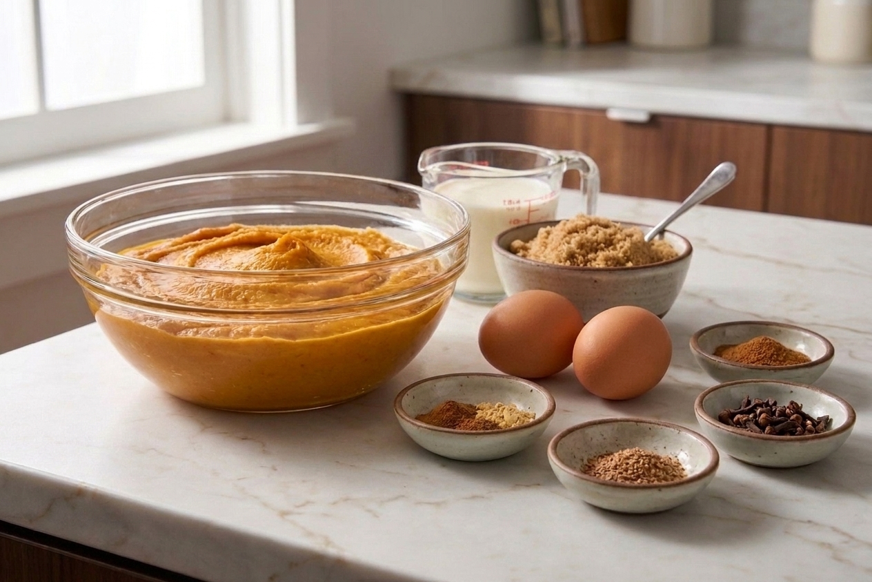 All the ingredients for pumpkin pie arranged on a clean kitchen counter, including canned pumpkin puree, eggs, cream, brown sugar, and spices in small bowls