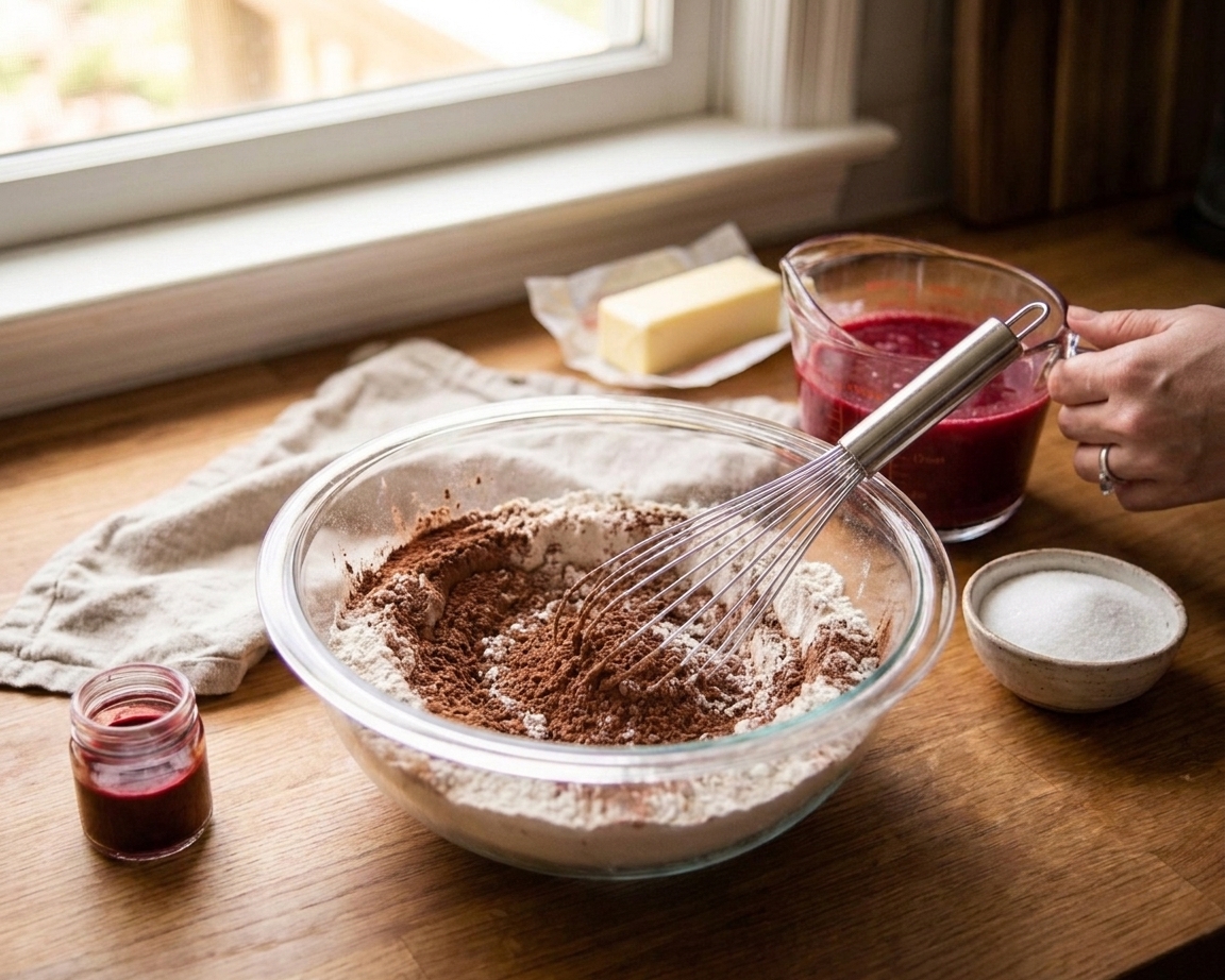 All the ingredients for red velvet biscuits arranged on a clean kitchen counter, including flour, cocoa, buttermilk, butter, sugar, and red food coloring
