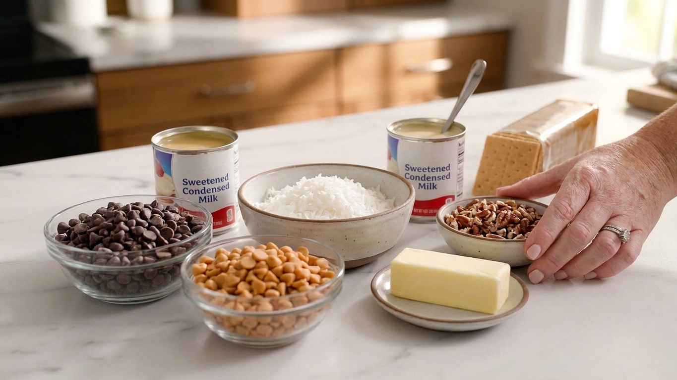 All the ingredients for seven layer bars arranged on a kitchen counter including graham crackers, butter, chocolate chips, butterscotch chips, coconut, nuts, and sweetened condensed milk