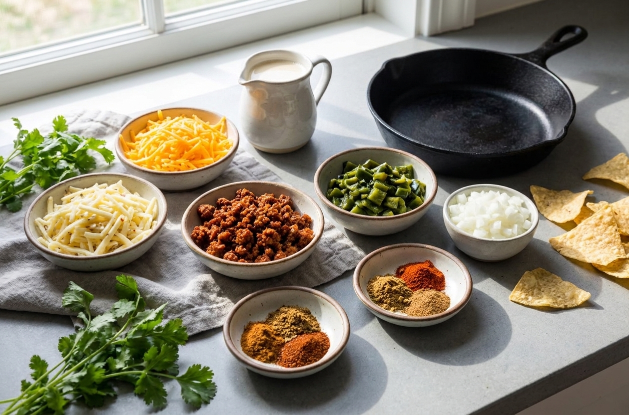 All the ingredients for smoked queso arranged on a bright kitchen counter, including shredded cheddar, pepper jack, chorizo, poblanos, onion, evaporated milk, and spices in small bowls