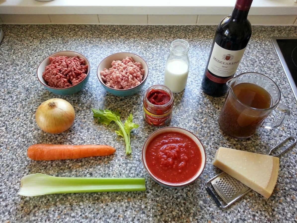 All the ingredients for traditional bolognese ragù arranged on a clean kitchen counter: ground beef and pork, onion, carrot, celery, tomato paste, crushed tomatoes, milk, wine, stock, and Parmigiano-Reggiano