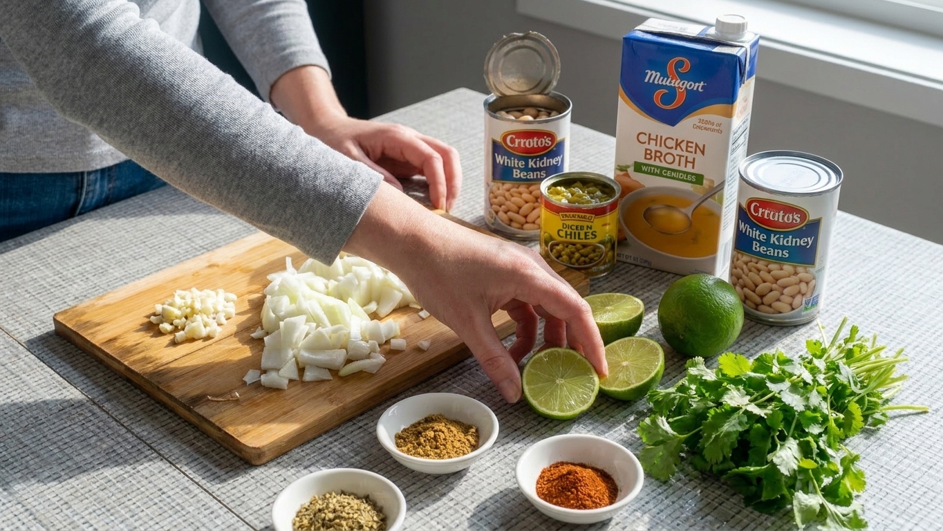 All the ingredients for white chicken chili arranged on a bright kitchen counter, including canned white beans, chicken broth, onions, garlic, green chiles, spices, lime, and cilantro