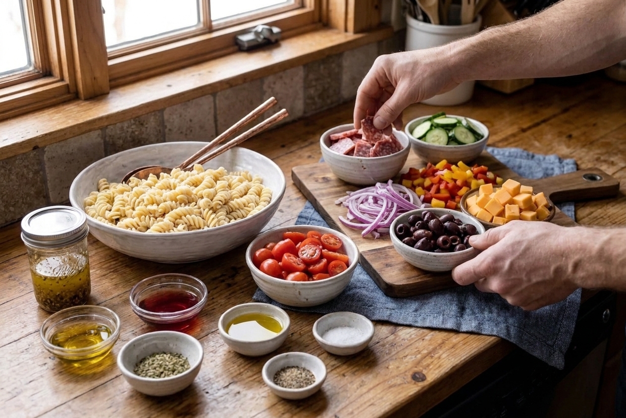 All the pasta salad ingredients arranged on a kitchen counter including rotini, cherry tomatoes, cucumber, bell pepper, red onion, olives, salami, cheddar, and small bowls of dressing ingredients