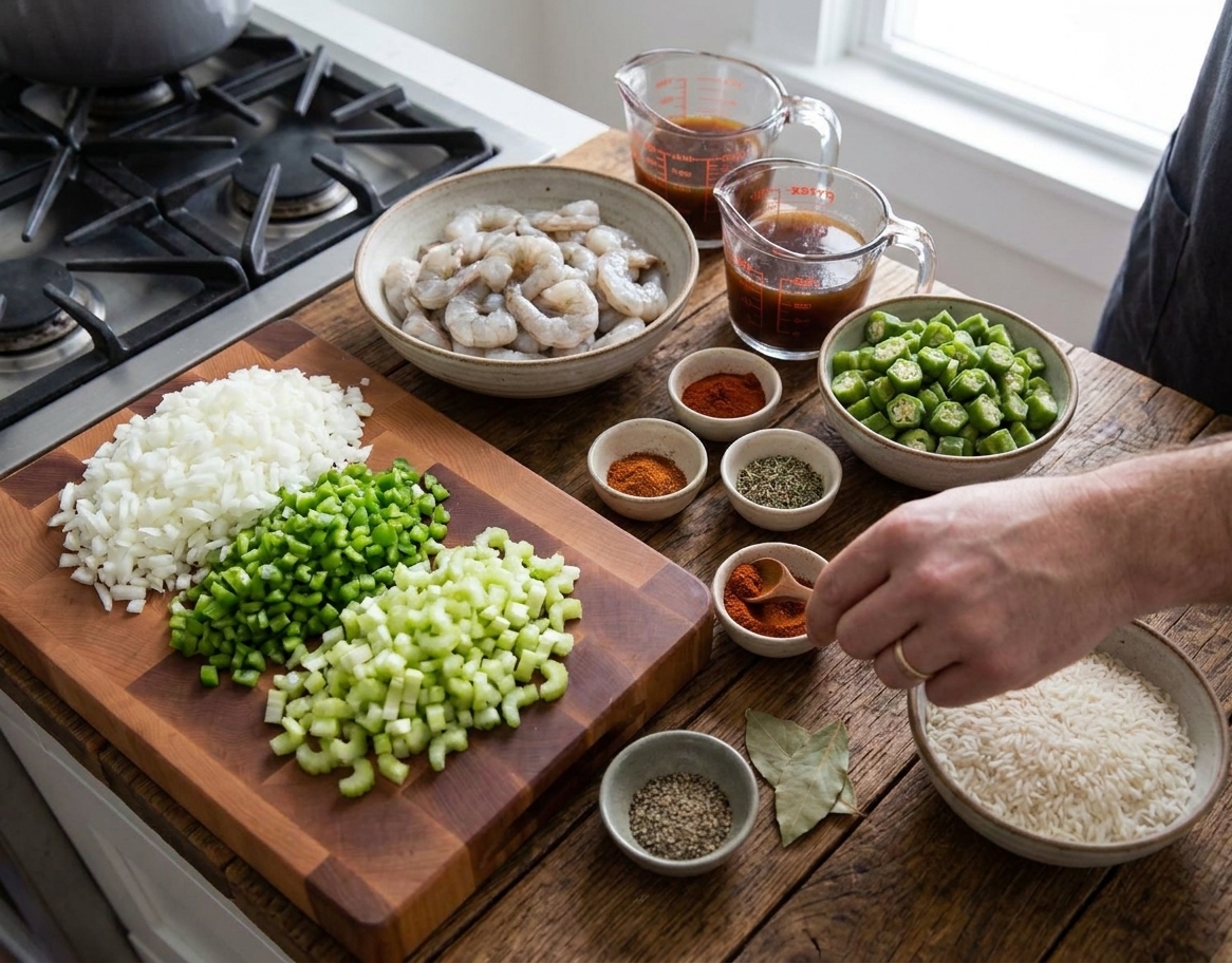 All the shrimp gumbo ingredients arranged on a kitchen counter, including peeled shrimp, okra, onion, celery, bell pepper, stock, spices, and rice