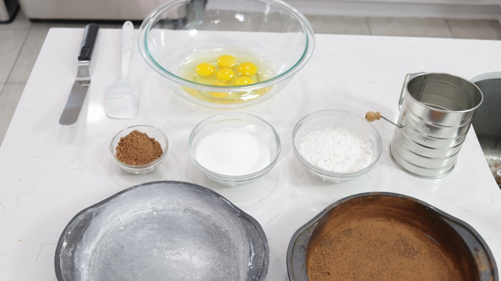 All the sponge cake ingredients measured in small bowls on a bright kitchen counter with a whisk, eggs, sugar, flour, and vanilla