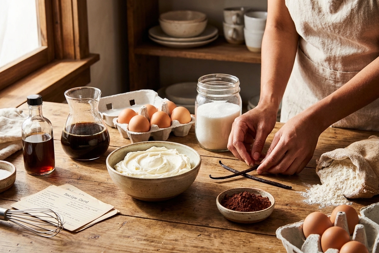 All tiramisu cake ingredients arranged on a bright kitchen counter, including mascarpone, eggs, sugar, flour, cocoa powder, coffee, and vanilla