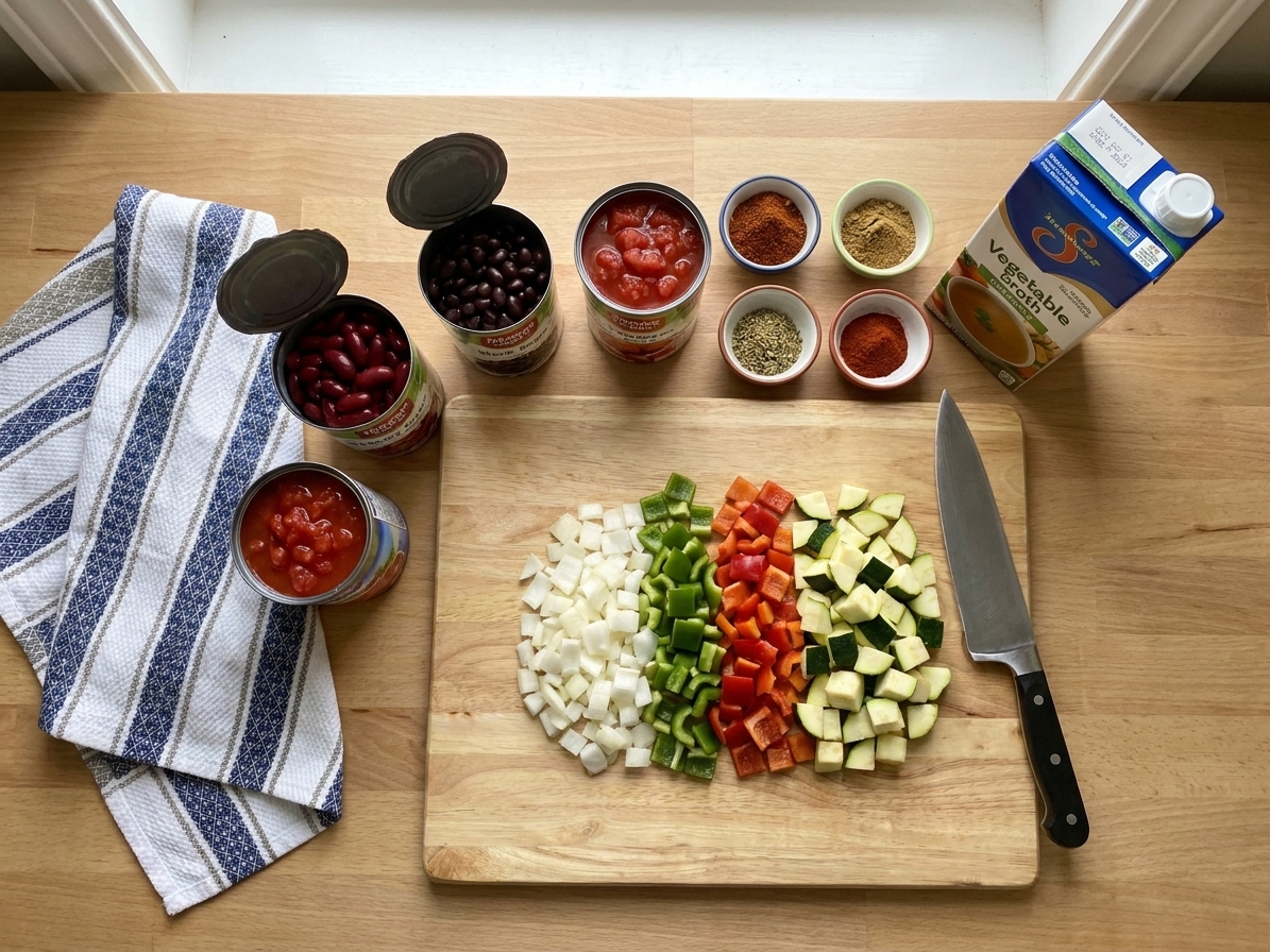 All veggie chili ingredients arranged on a kitchen counter, including canned beans, tomatoes, onions, bell peppers, zucchini, spices, and broth, bright natural light