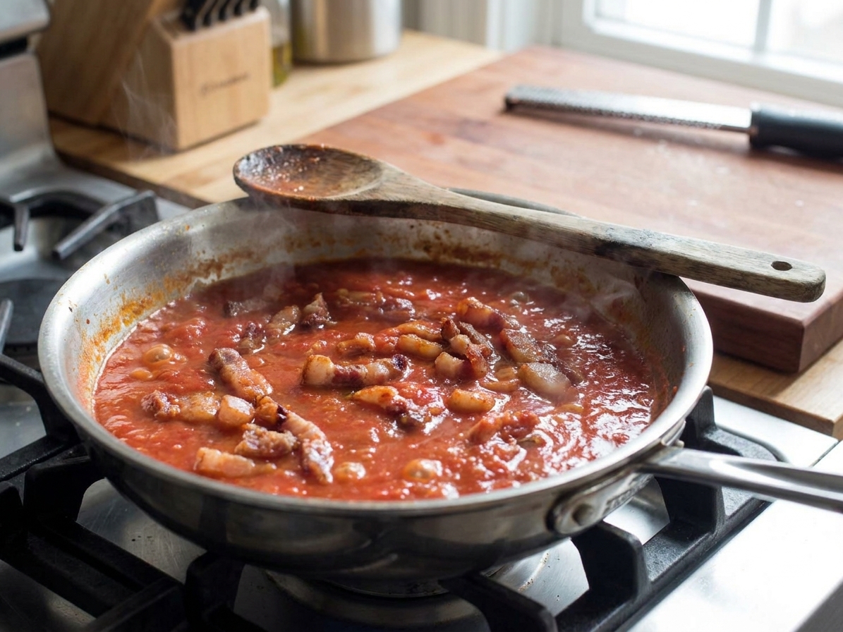All’amatriciana sauce simmering in a stainless steel skillet with visible guanciale pieces, a wooden spoon resting on the edge of the pan on a home stove