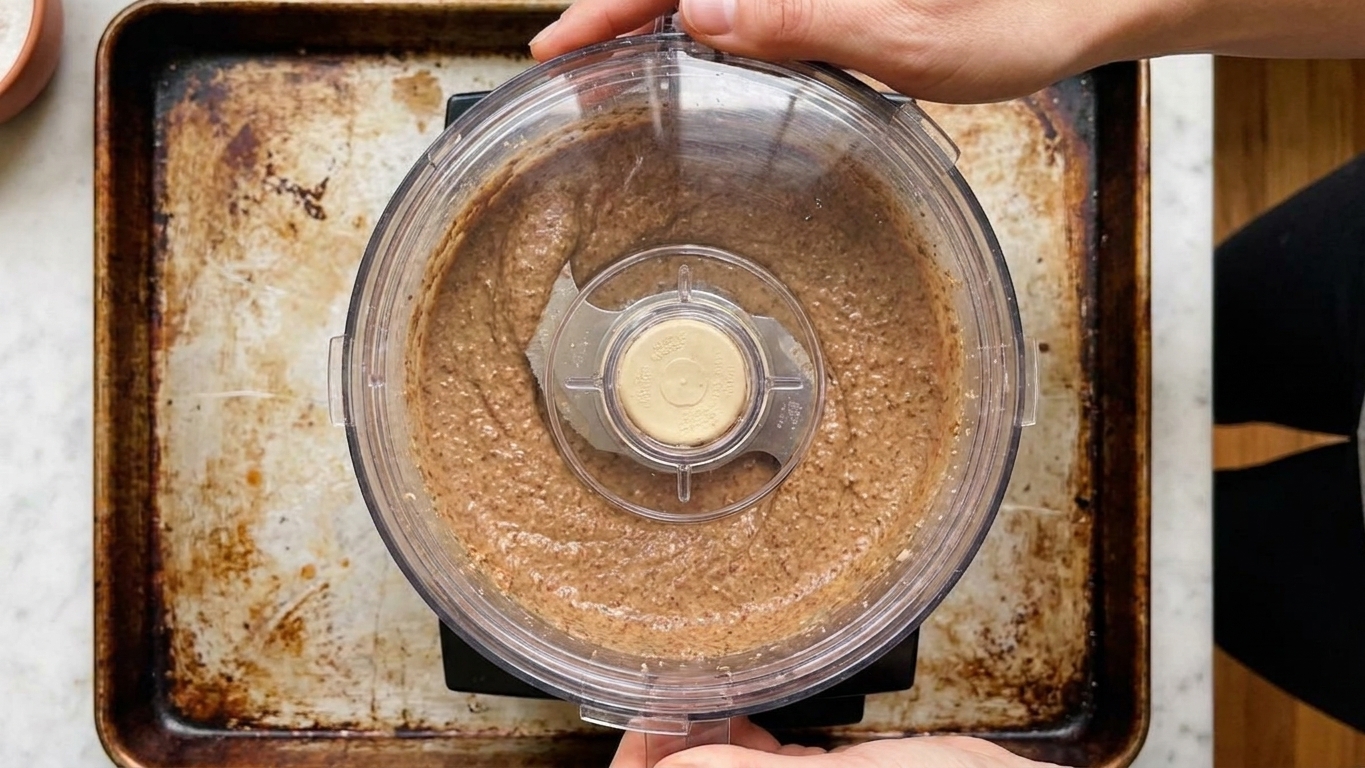 Almond butter blending in a food processor with the lid on, viewed from above on a kitchen counter
