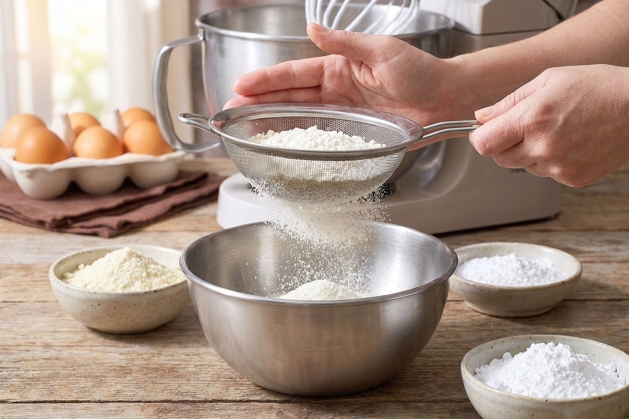 Almond flour and powdered sugar being sifted together through a fine-mesh sieve into a bowl on a kitchen counter
