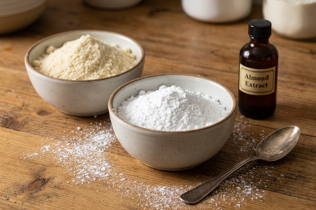 Almond flour and powdered sugar measured in separate bowls on a clean kitchen counter with a small bottle of almond extract nearby