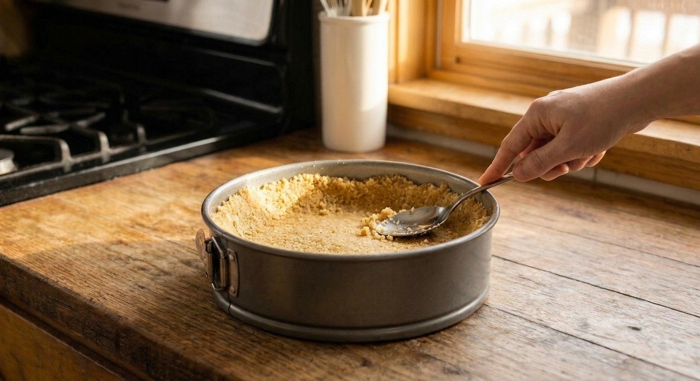 Almond flour crust pressed into the bottom of a springform pan on a kitchen counter