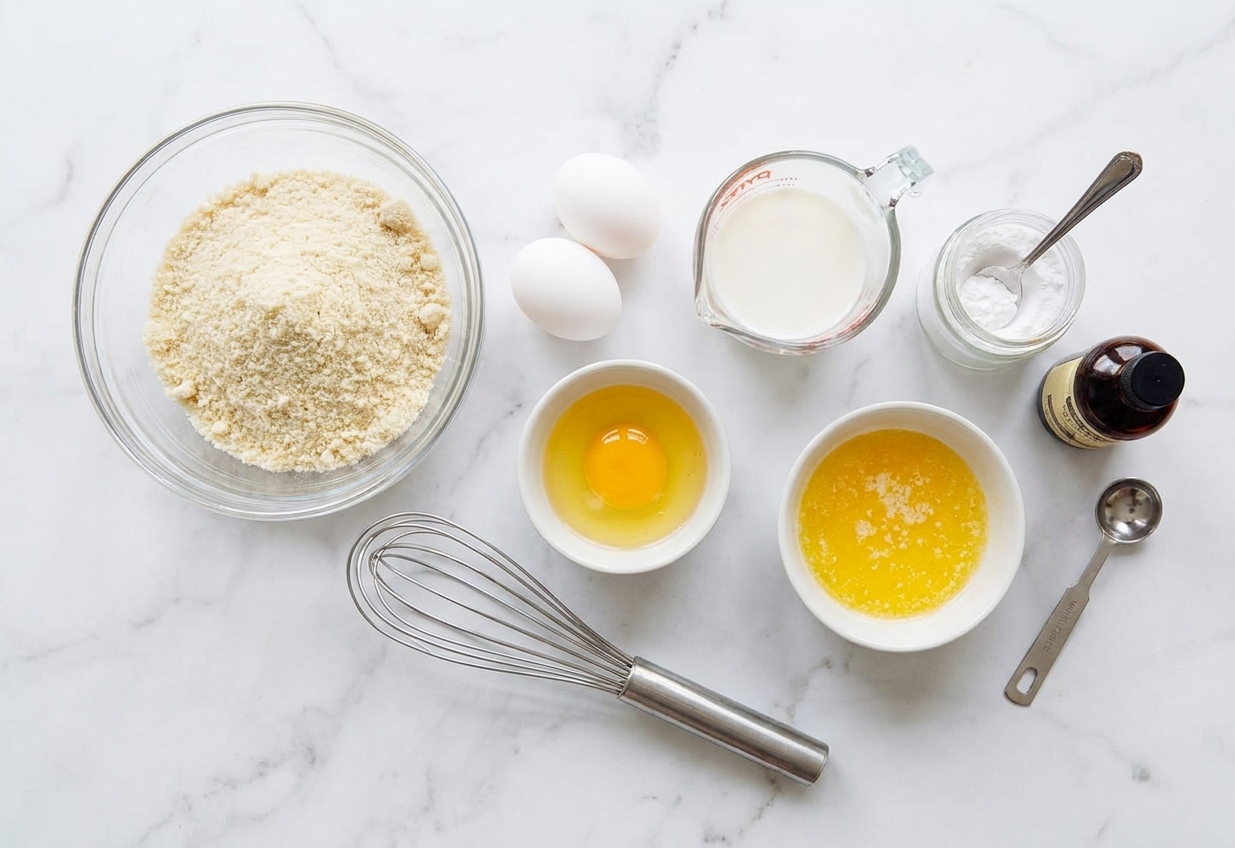 Almond flour, eggs, baking powder, milk, vanilla, and a small bowl of melted butter arranged on a kitchen counter with a whisk nearby