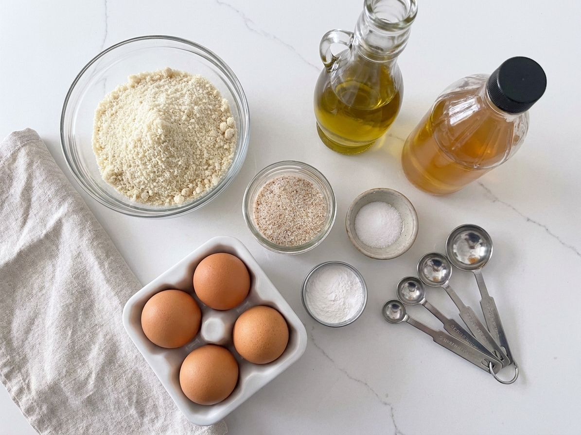 Almond flour, eggs, psyllium husk, baking powder, salt, olive oil, and apple cider vinegar arranged on a kitchen counter with measuring spoons