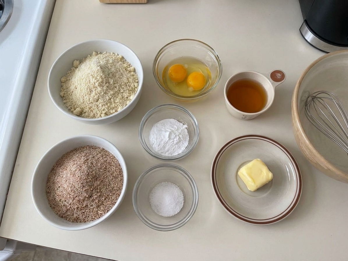 Almond flour, psyllium husk powder, eggs, baking powder, salt, apple cider vinegar, and butter measured out on a kitchen counter