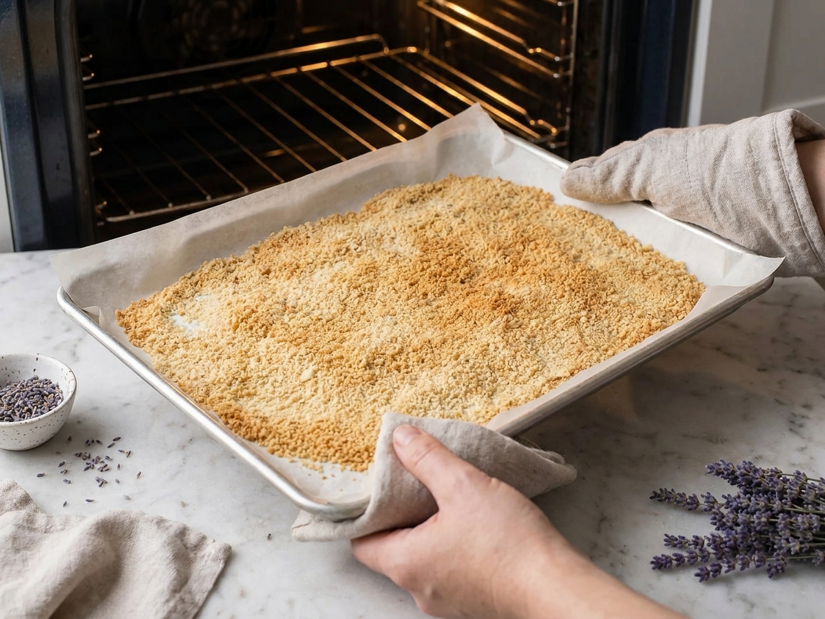 Almond flour spread in a thin layer on a parchment-lined baking sheet, lightly toasted in a home kitchen setting