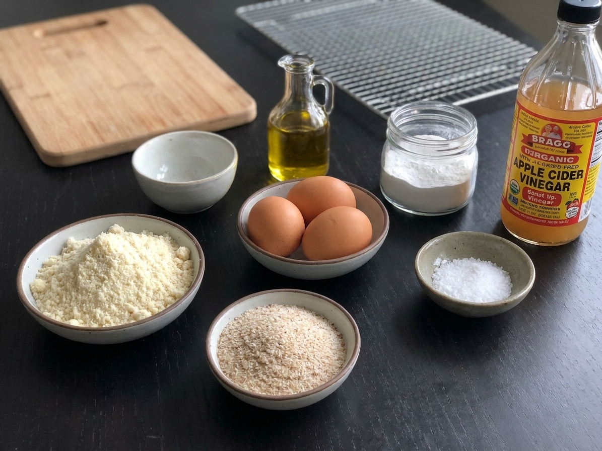 Almond flour, whole psyllium husk, eggs, olive oil, baking powder, salt, and apple cider vinegar arranged on a clean kitchen counter