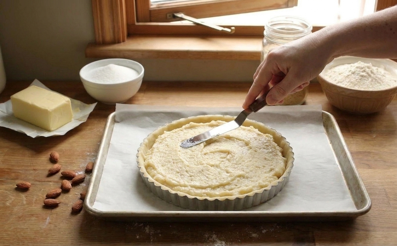 Almond frangipane being spread in an unbaked tart shell with an offset spatula on a parchment lined baking sheet