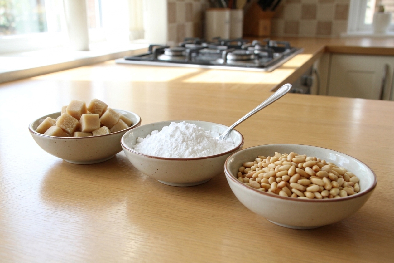 Almond paste cubes, powdered sugar, and pine nuts measured in bowls on a bright kitchen counter
