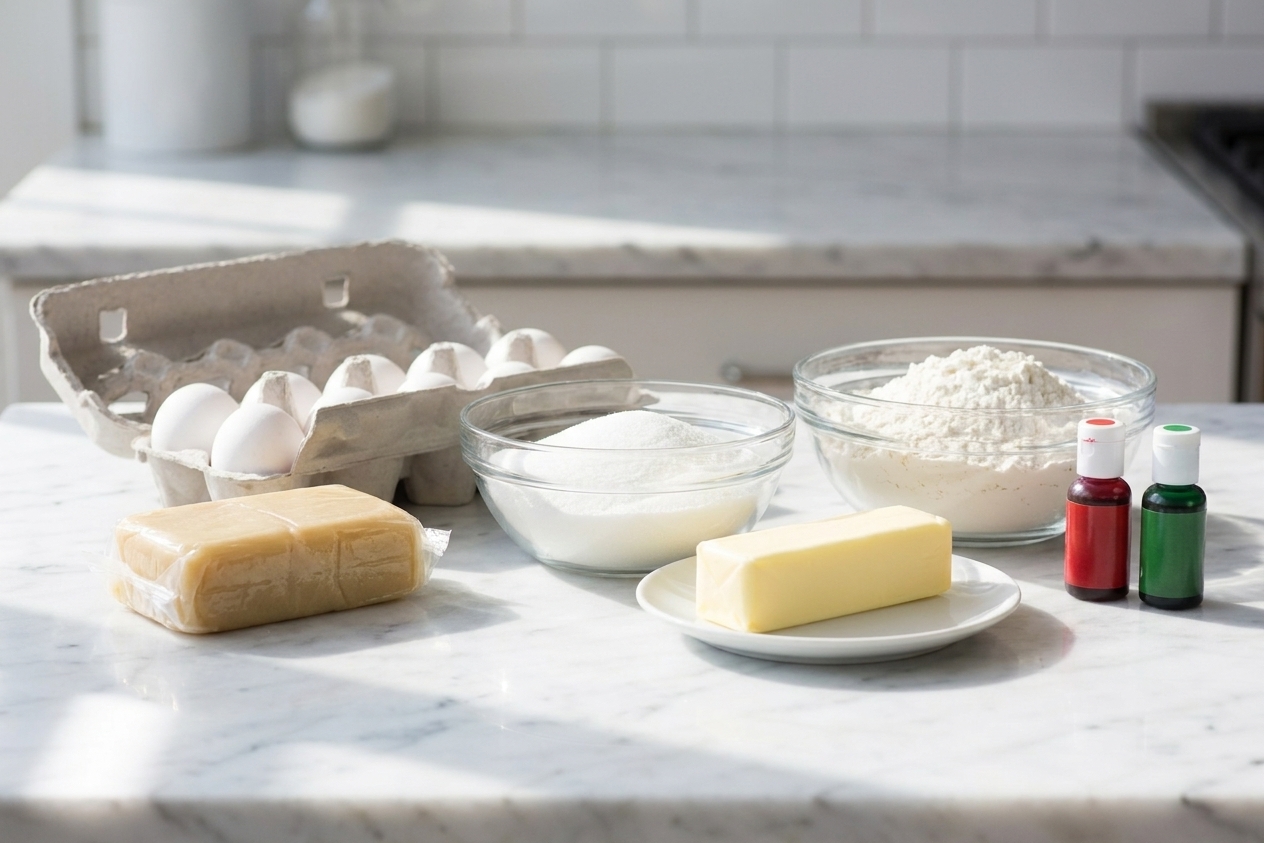 Almond paste, eggs, sugar, butter, flour, and food coloring arranged on a clean kitchen counter, ready for baking