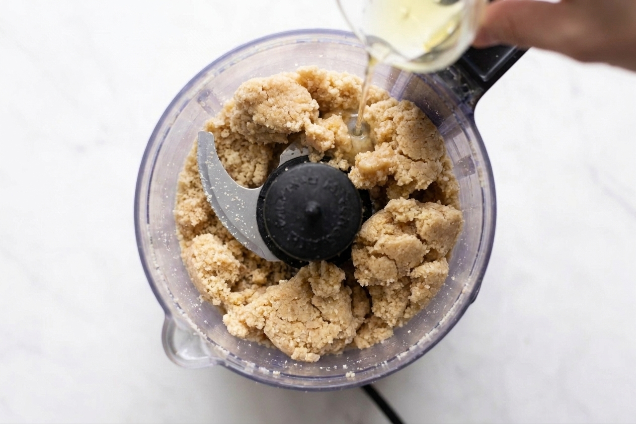Almond paste starting to clump together inside a food processor as liquid is added