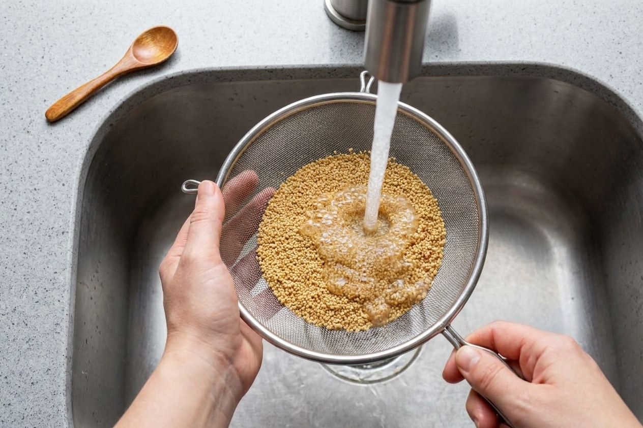 Amaranth grains being rinsed under running water in a fine-mesh strainer over a sink