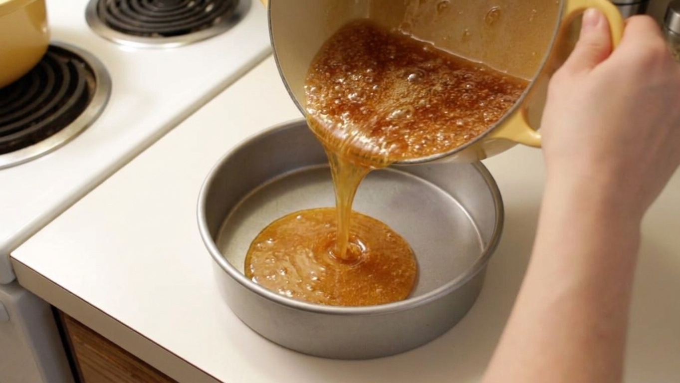 Amber caramel being poured into the bottom of a round cake pan on a kitchen counter