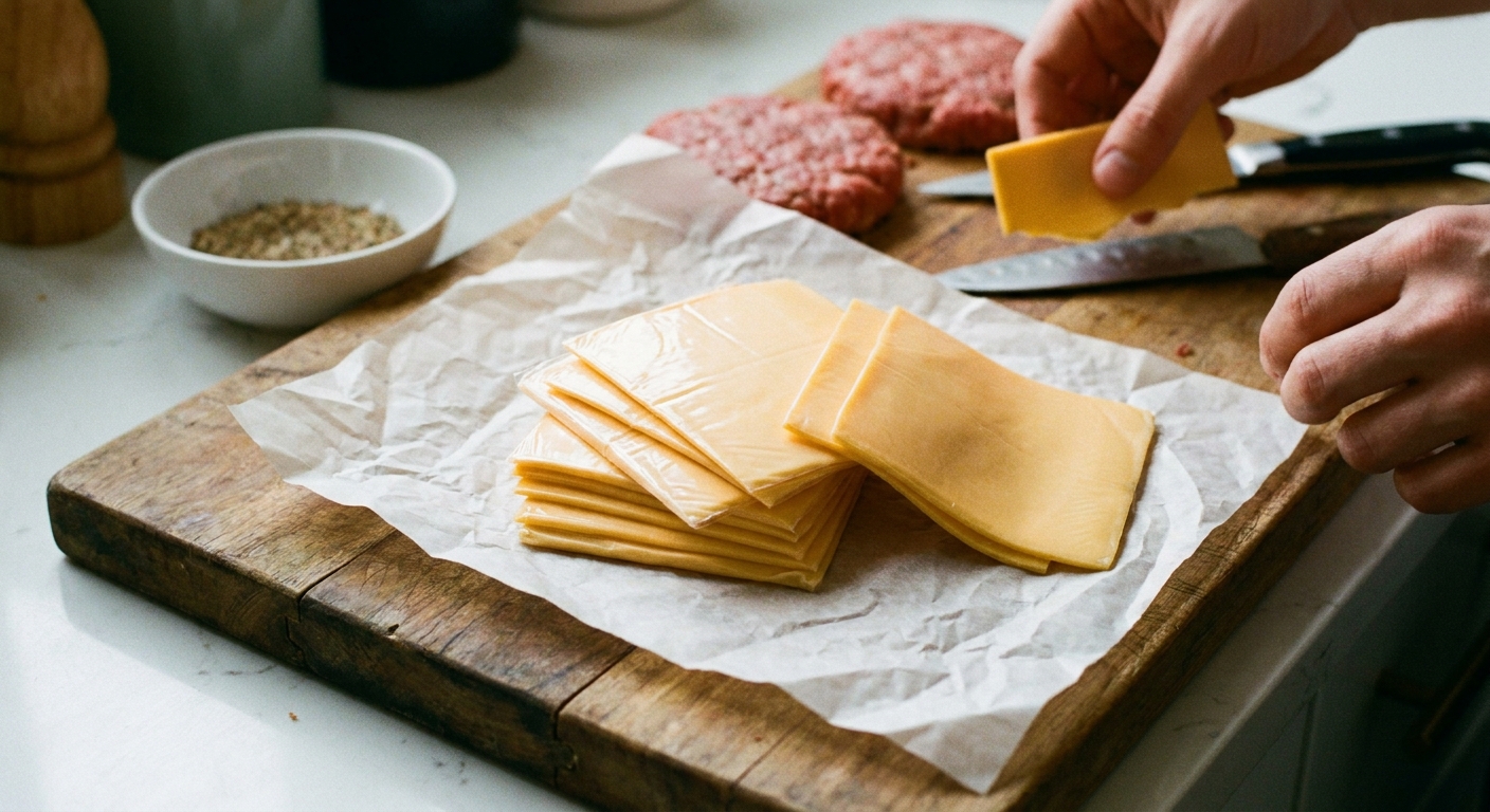 American cheese slices stacked on parchment paper, ready for stuffing burgers