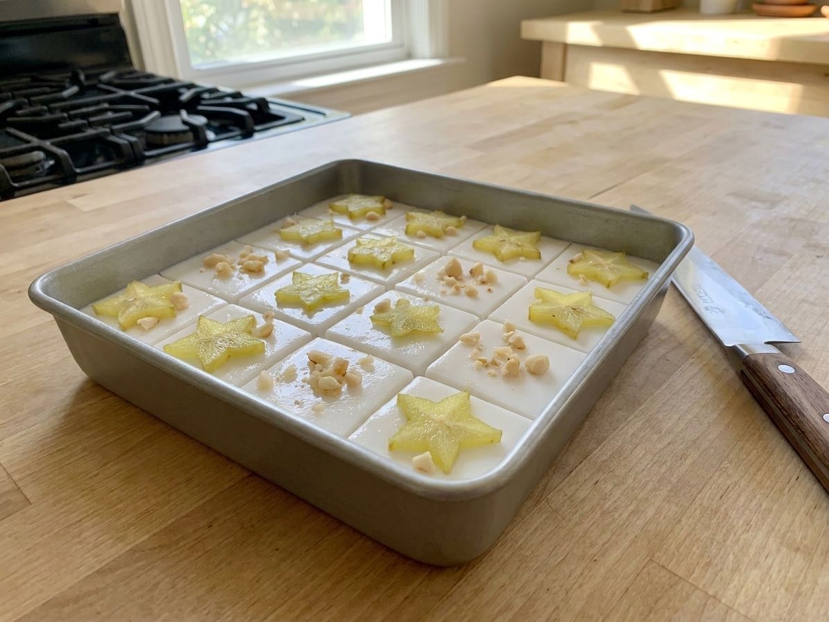 An 8-inch pan of haupia chilled and cut into even squares on a kitchen counter, with a knife resting nearby