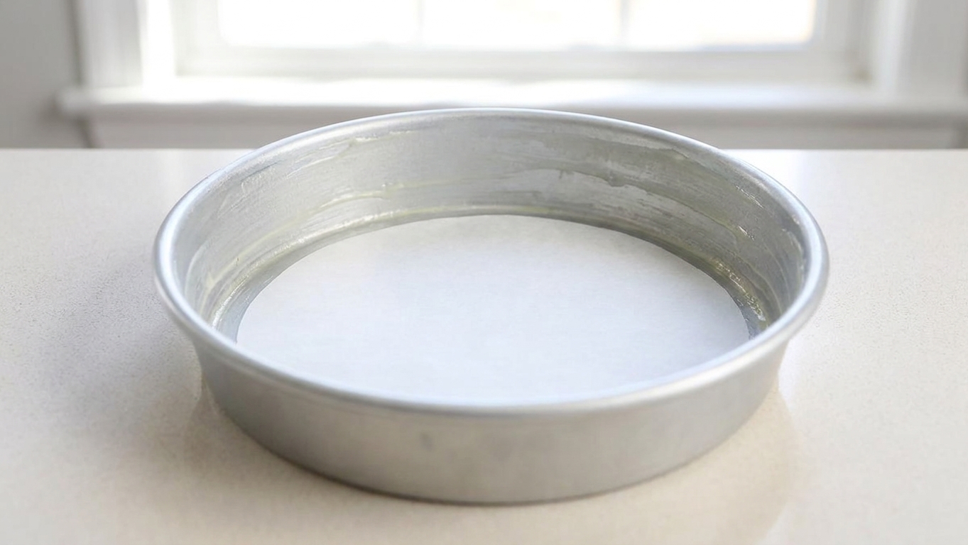 An 8-inch round cake pan greased and lined with a circle of parchment paper on a light kitchen counter