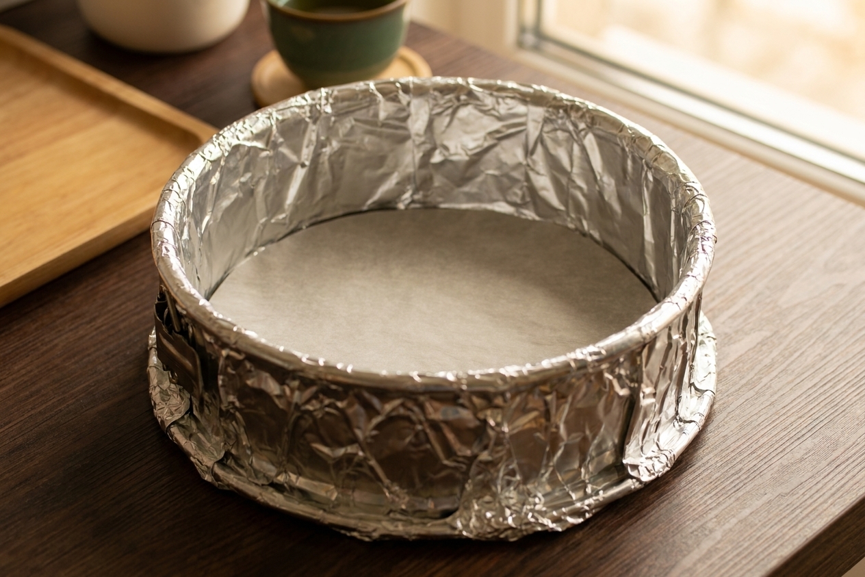 An 8-inch springform pan wrapped tightly in heavy-duty foil on a kitchen counter, with parchment paper lining the bottom