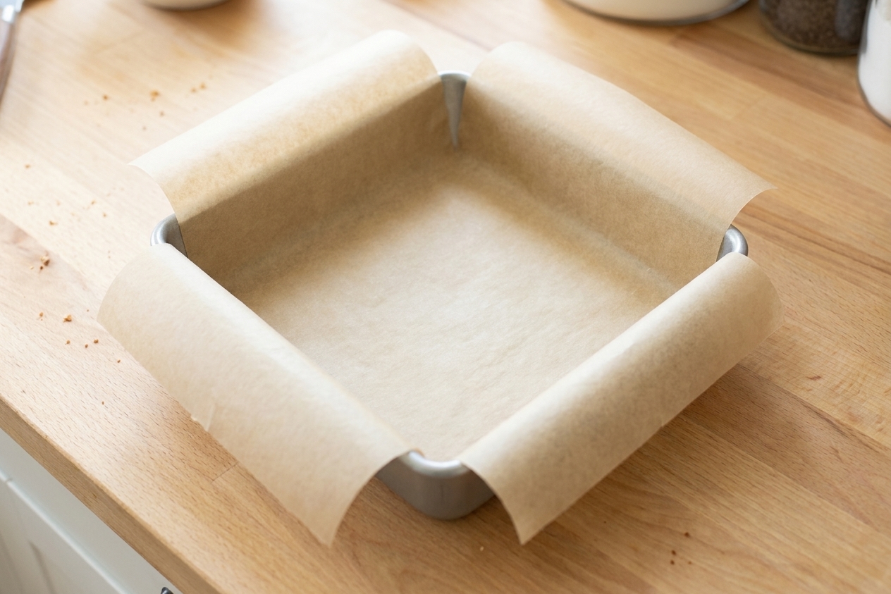 An 8-inch square baking pan lined with parchment paper with overhang handles on a kitchen counter